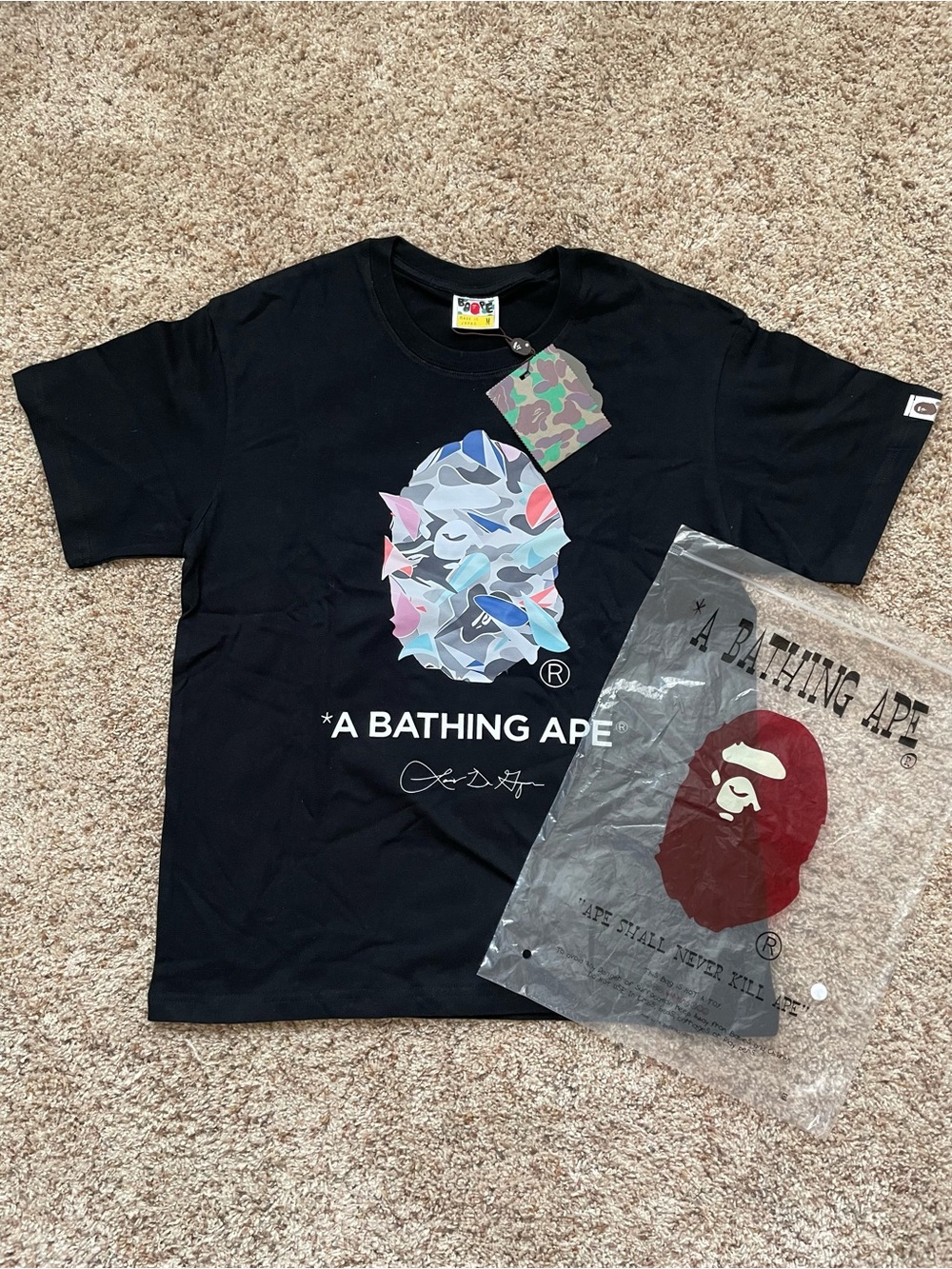 Bape Black Short Sleeve Tee with Multicolor Camouflage Ape Head